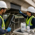 Two civil engineers in safety gear apply carbon fiber FRP wrap to a concrete bridge beam during structural repair.