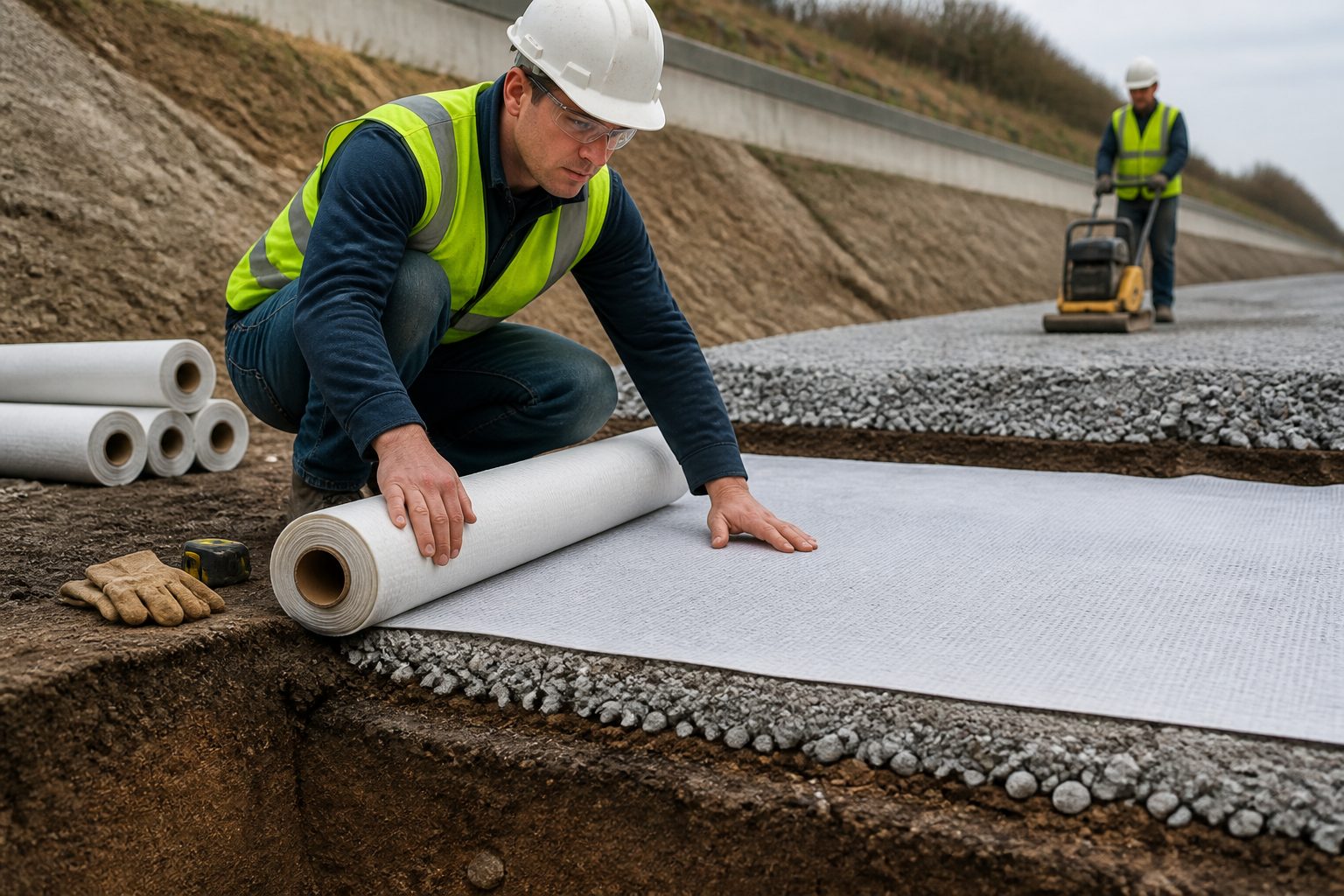 A civil engineer unrolls geotextile fabric made of polymer fibers over soil and gravel at a construction site to stabilize the ground.