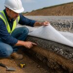 An engineer kneels at a trench and inspects a geotextile polymer fiber fabric layer between soil and gravel to stabilize the ground.