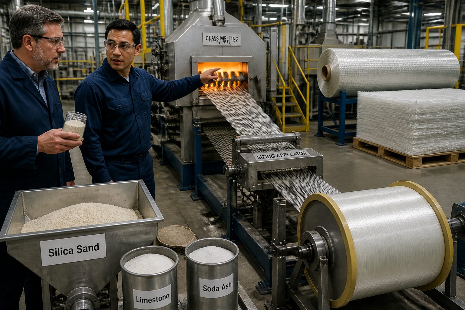 An engineer and a technician inspect silica sand and watch molten glass being drawn into fibers and wound into spools beside finished fiberglass reinforcement rolls.