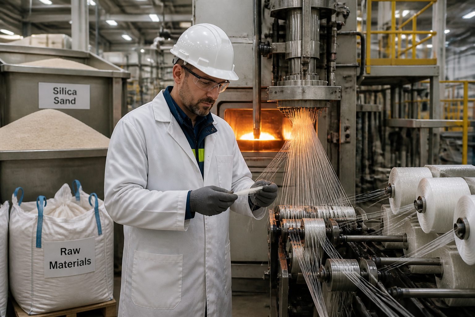 A process engineer in safety gear inspects glass fiber roving beside a production line with silica sand, a melting furnace, filament drawing, and winding spools.