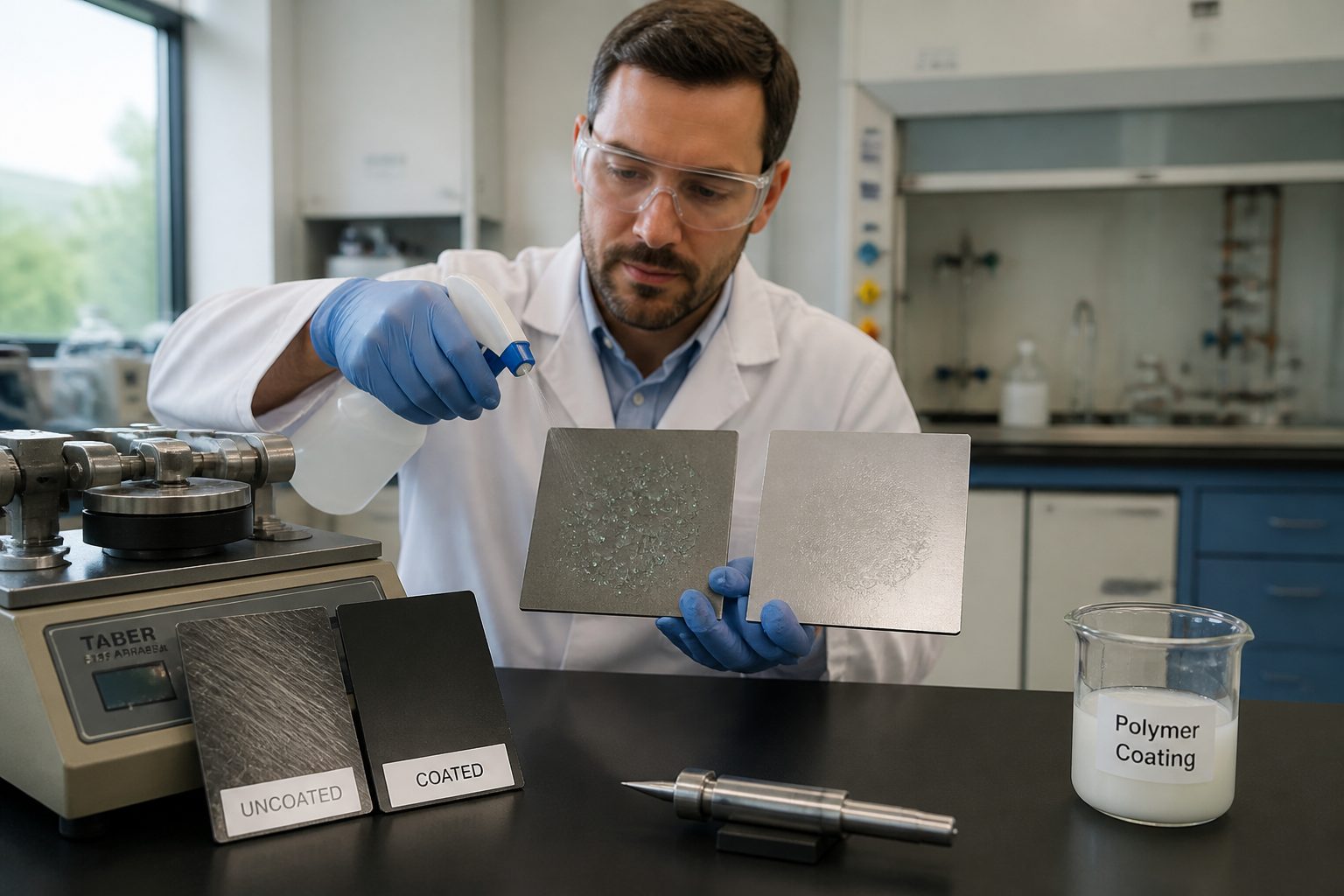 A materials scientist in a lab sprays water on a coated metal panel while an uncoated panel sits beside it for comparison.
