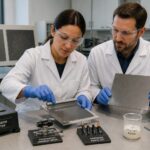 Two lab engineers apply a clear protective coating to a metal panel and compare it with an uncoated panel on a testing bench.