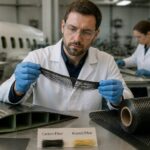 A male engineer in a lab holds high performance fiber bundles next to an aircraft composite wing panel while a woman works in the background.