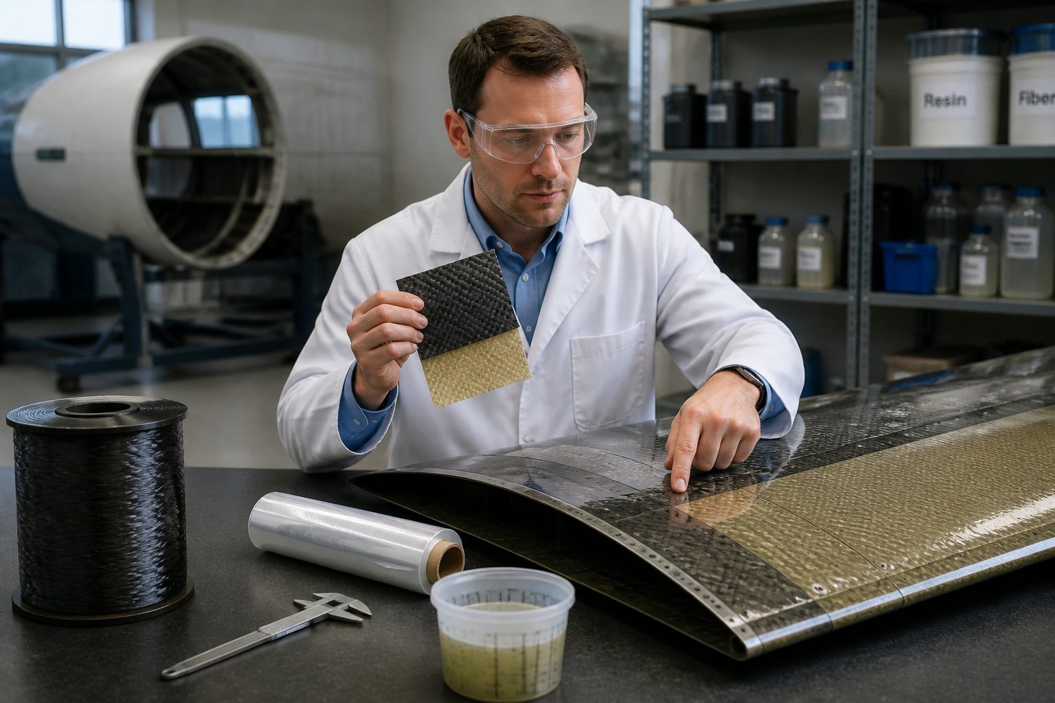 Engineer in a lab holding high performance fiber fabric while pointing to a composite aircraft wing panel on a workbench