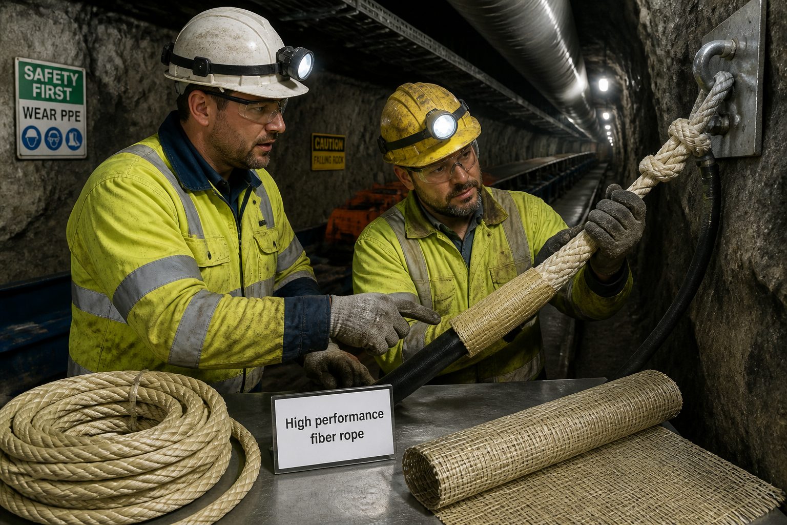 A miner and a safety engineer inspect a braided high performance fiber rope and protective fiber sleeve inside an underground mine tunnel.