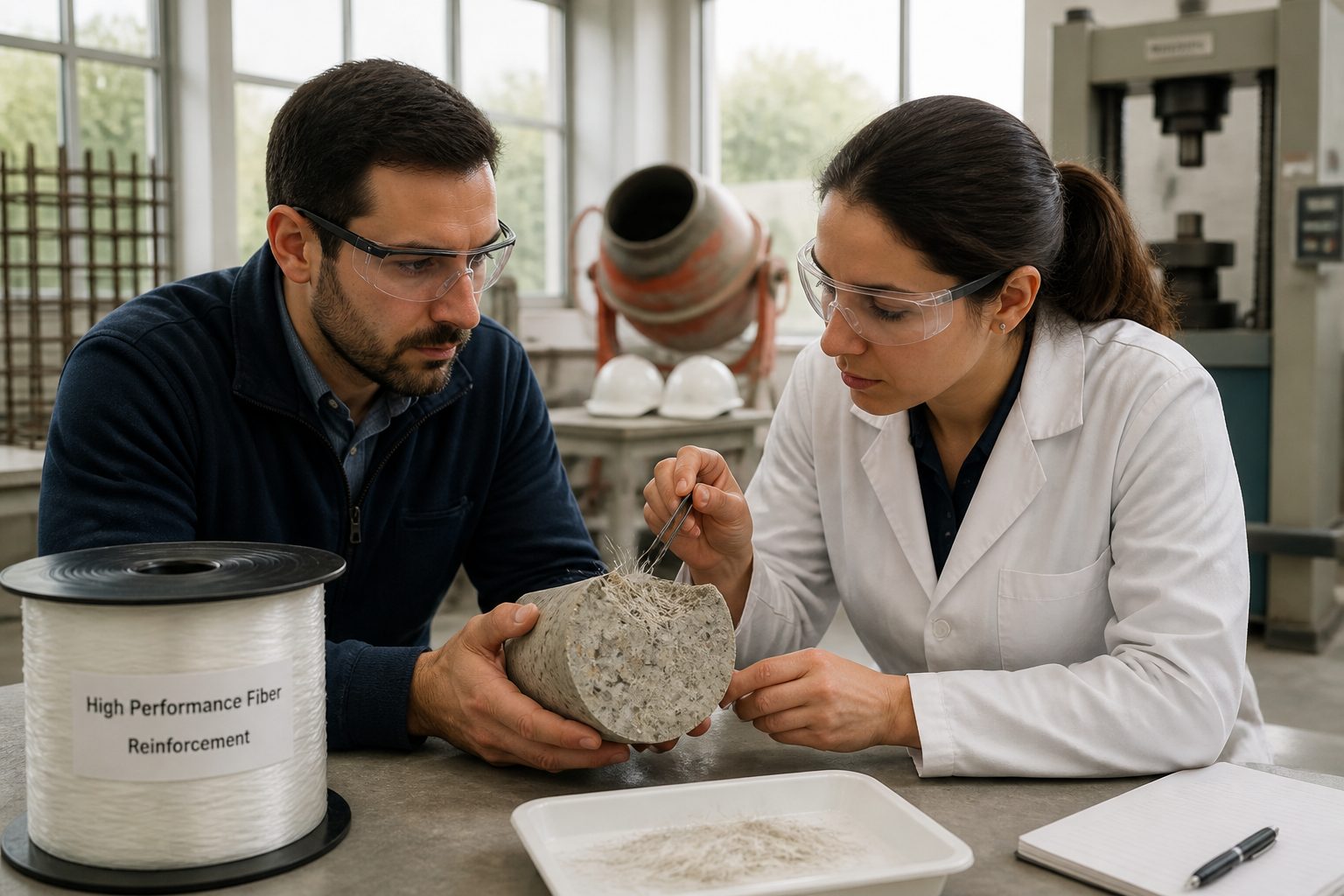 A man and a woman in a materials lab examine a fiber reinforced concrete core sample with visible high performance fibers.