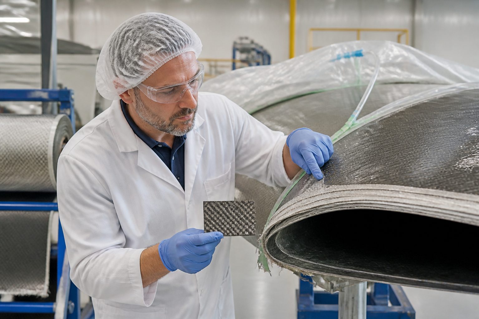 An engineer inspects carbon fiber fabric and composite layers on a wind turbine blade section in a manufacturing facility.