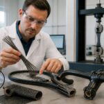 An engineer in a lab examines high strength fiber material beside a cutaway tennis racket and bicycle handlebar made from composite layers.