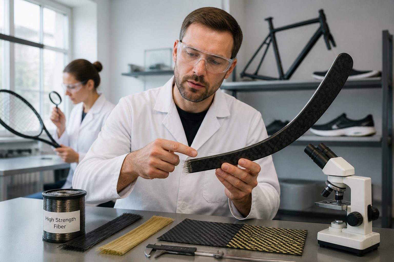 A male lab engineer examines a carbon fiber hockey stick and fiber samples on a workbench in a sports equipment research lab.