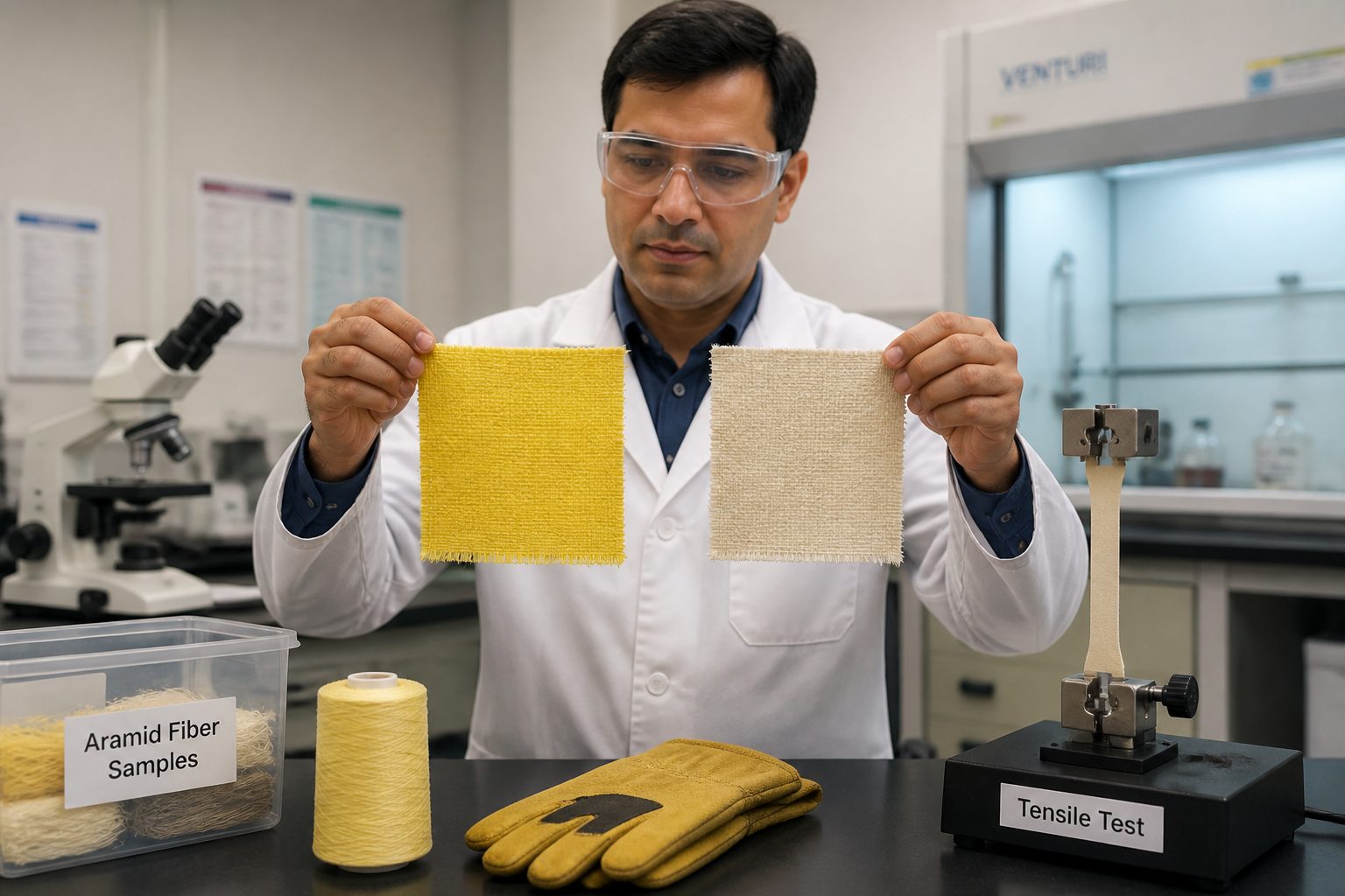 A lab engineer in a lab coat holds Kevlar and Nomex aramid fabric swatches above a bench with fiber samples and a tensile testing setup.