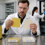 A lab engineer in a white coat compares Kevlar and Nomex aramid fabric samples on a workbench with testing equipment.