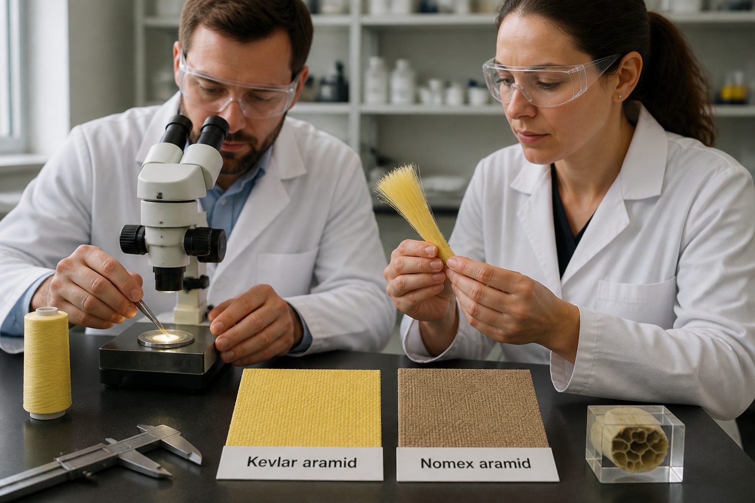 Two lab engineers examine Kevlar and Nomex aramid fiber samples on a workbench and place a fiber under a microscope