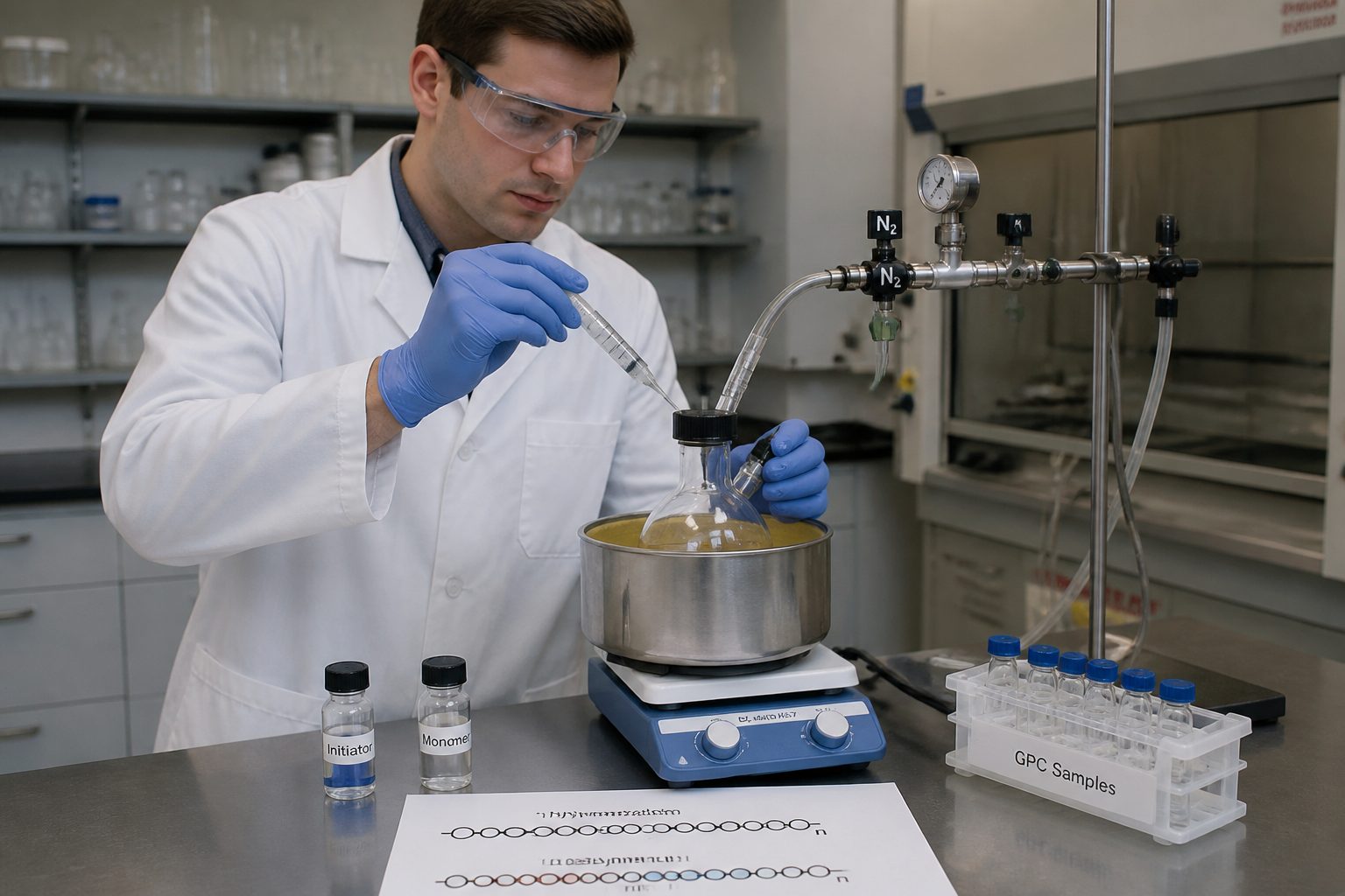 A lab chemist in safety glasses uses a syringe to add reagent to a sealed flask on a Schlenk line for controlled living polymerization.