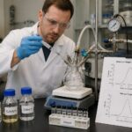A scientist in a lab adds an initiator to a sealed reaction flask on an inert gas line to perform living polymerization for controlled polymer structures.
