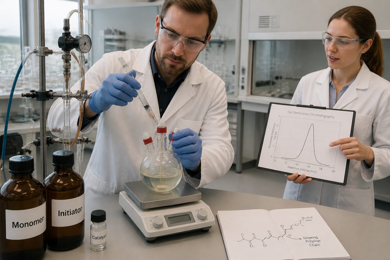 Two polymer scientists in a laboratory set up a living polymerization reaction using a syringe and a sealed glass flask while reviewing a narrow distribution plot.