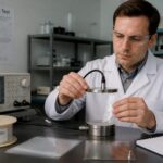 A lab engineer measures the dielectric behavior of a polymer film using electrodes and an impedance analyzer on a workbench.