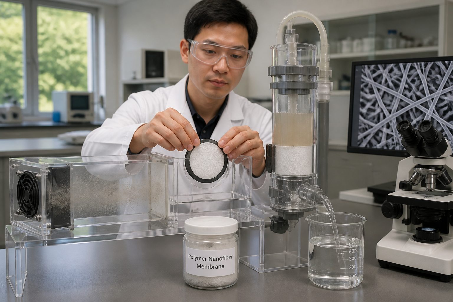 A lab engineer in a coat and safety glasses demonstrates a polymer nanofiber filter cleaning dusty air and cloudy water in clear filtration devices.