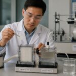 A lab engineer in safety glasses holds a nanofiber membrane while testing air and water filtration equipment on a laboratory bench.