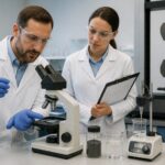 A man and a woman in a polymer lab examine a polymer test sample and nanopowder beside a microscope and tensile testing machine.