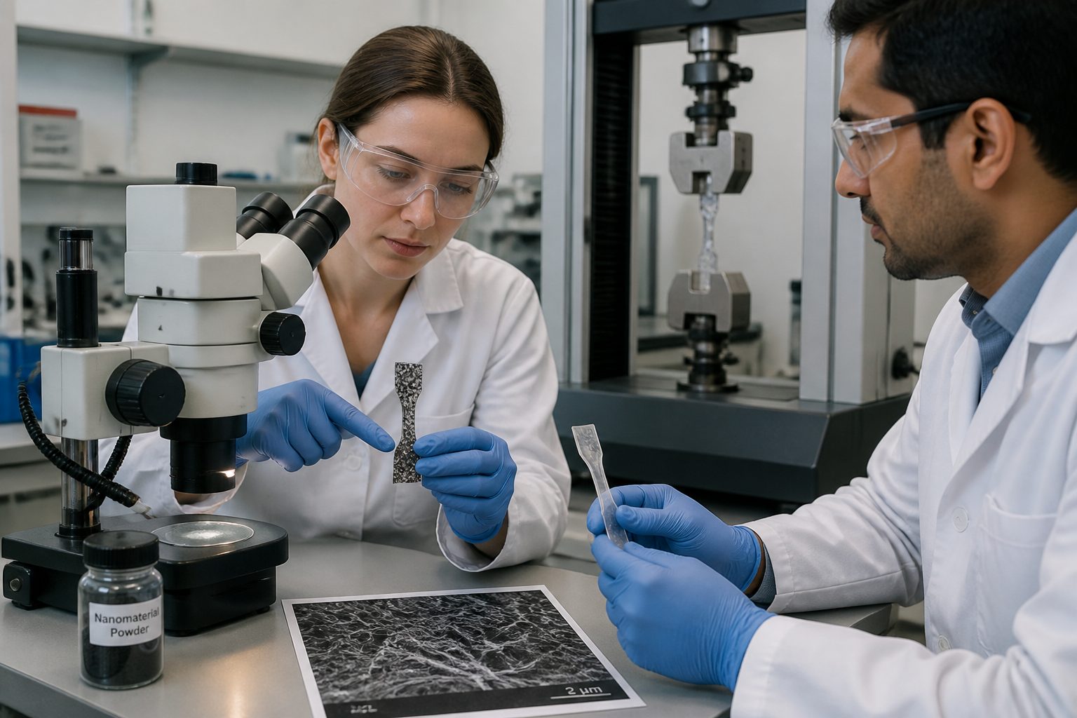 A woman scientist and a man colleague examine a nanomaterial reinforced polymer test sample on a lab bench near a tensile testing machine.