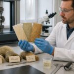 A materials engineer in a lab holds flax hemp and jute fiber composite samples on a workbench with raw fibers and testing tools.
