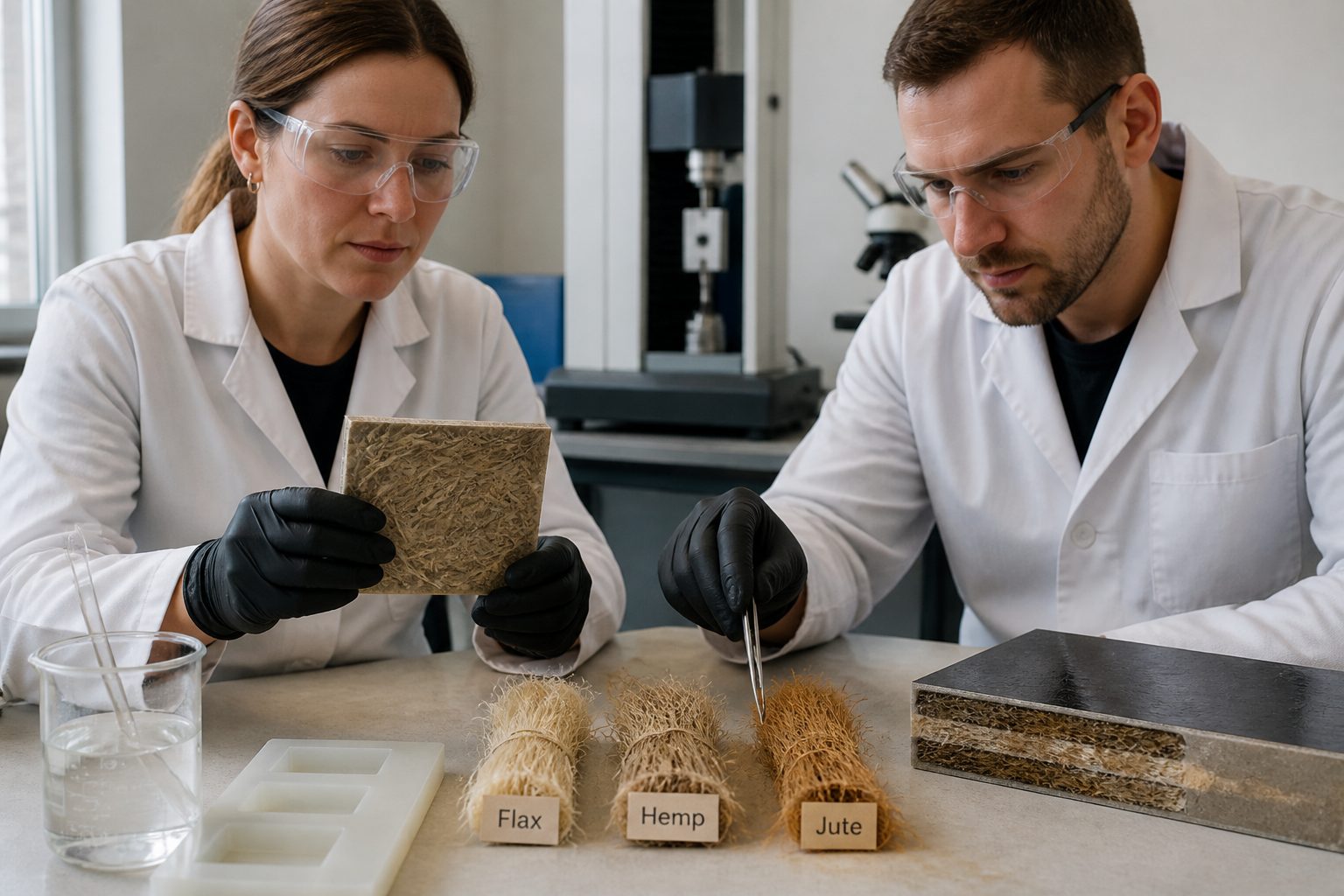 Two researchers in a lab examine a composite sample beside flax hemp and jute fiber bundles on a workbench.