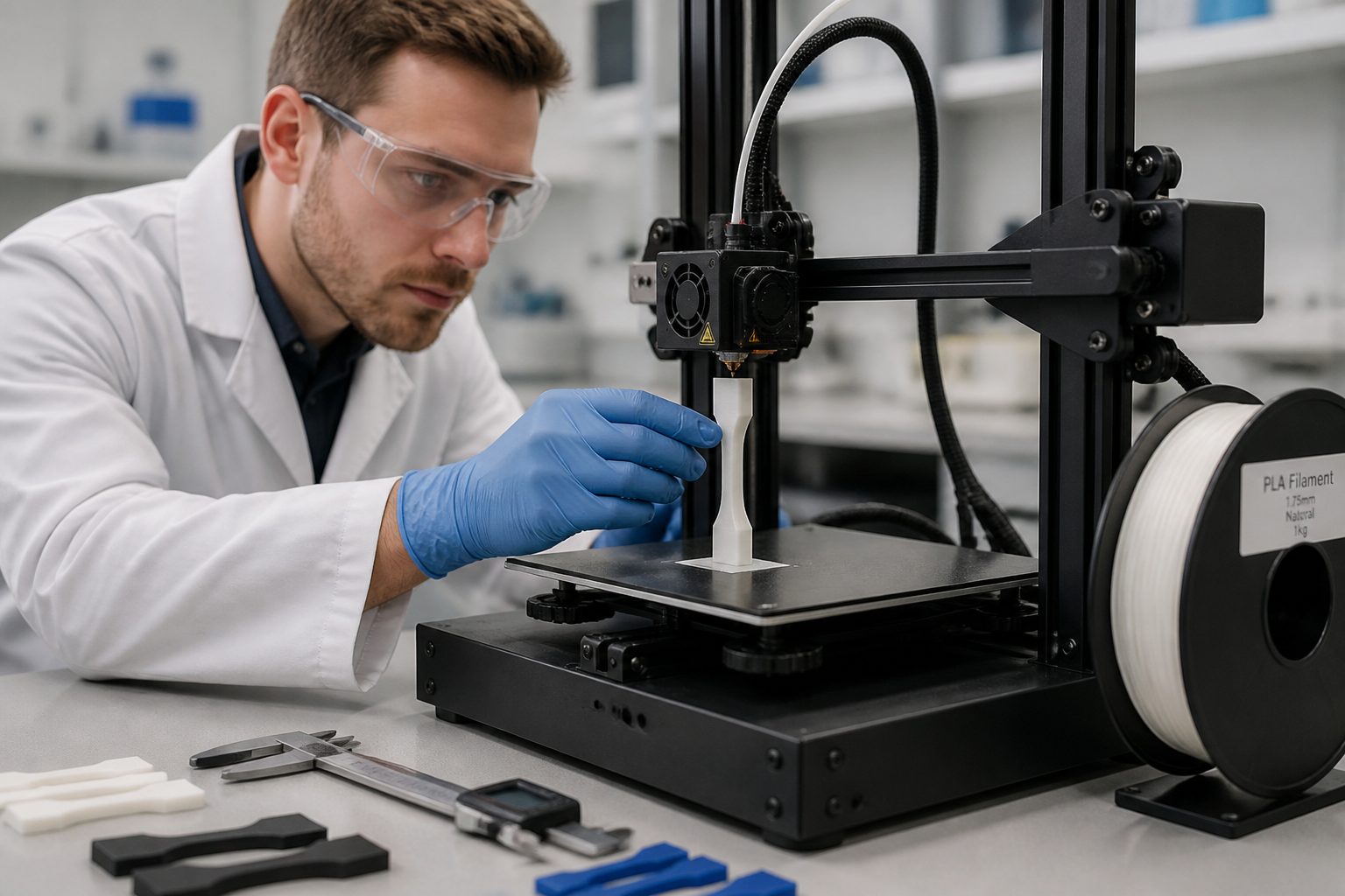 A polymer engineer in a lab inspects a 3D printer as it prints a plastic test specimen from a filament spool.