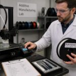A polymer engineer in a lab operates an FDM 3D printer while a plastic filament part is being printed.