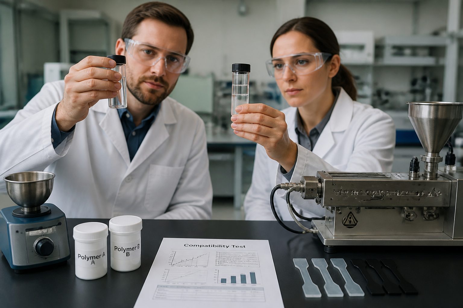 A man and a woman in a polymer lab compare a separated polymer mixture vial with a uniform polymer blend vial to show compatibility testing.