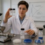 A polymer engineer in a lab compares vials labeled Polymer A, Polymer B, and Compatible Blend beside polymer pellets and mixing equipment.