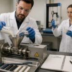 A man in a lab coat pours two polymer pellet samples into a melt mixer while a woman checks compatible and incompatible blend samples on a lab bench.