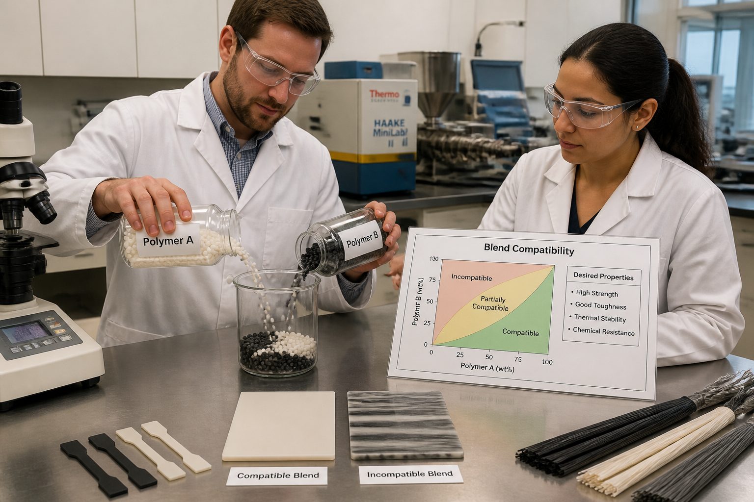 A man and a woman polymer scientist compare compatible and incompatible polymer blend samples on a lab bench while preparing a polymer mixture.