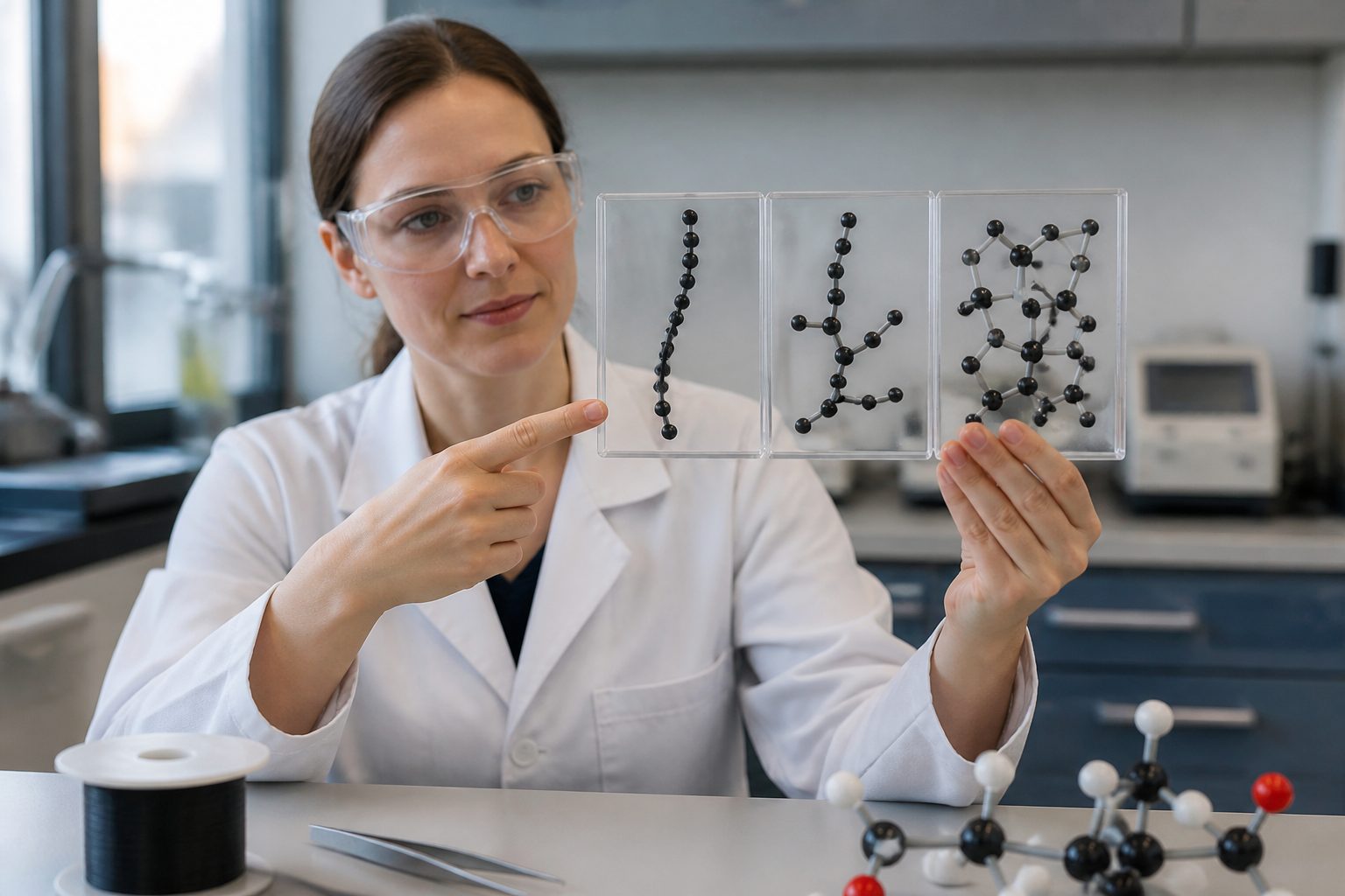 A woman polymer engineer in a lab compares three clear sample blocks showing linear, branched, and cross linked polymer chain models.