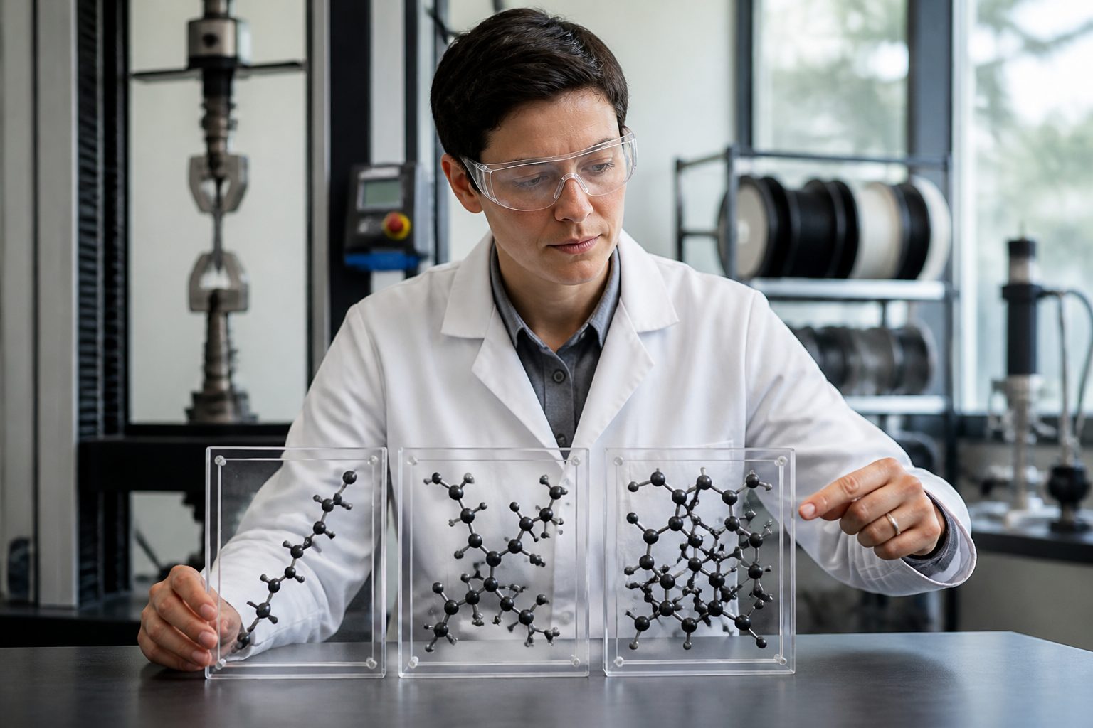 A polymer engineer in a lab holds clear plaques showing linear, branched, and cross linked polymer chain models.