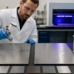 A lab engineer applies a clear polymer coating to a metal test panel beside an uncoated panel to show surface protection and gloss improvement.