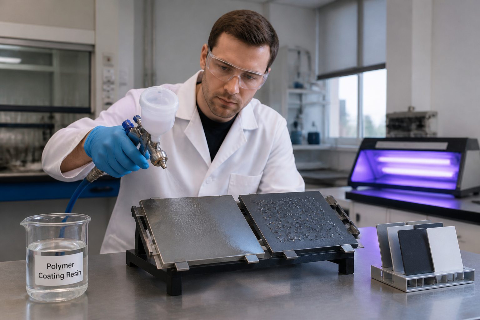 A lab engineer in safety glasses sprays a clear polymer coating onto a metal panel while a finished coated panel shows a glossy protective surface.