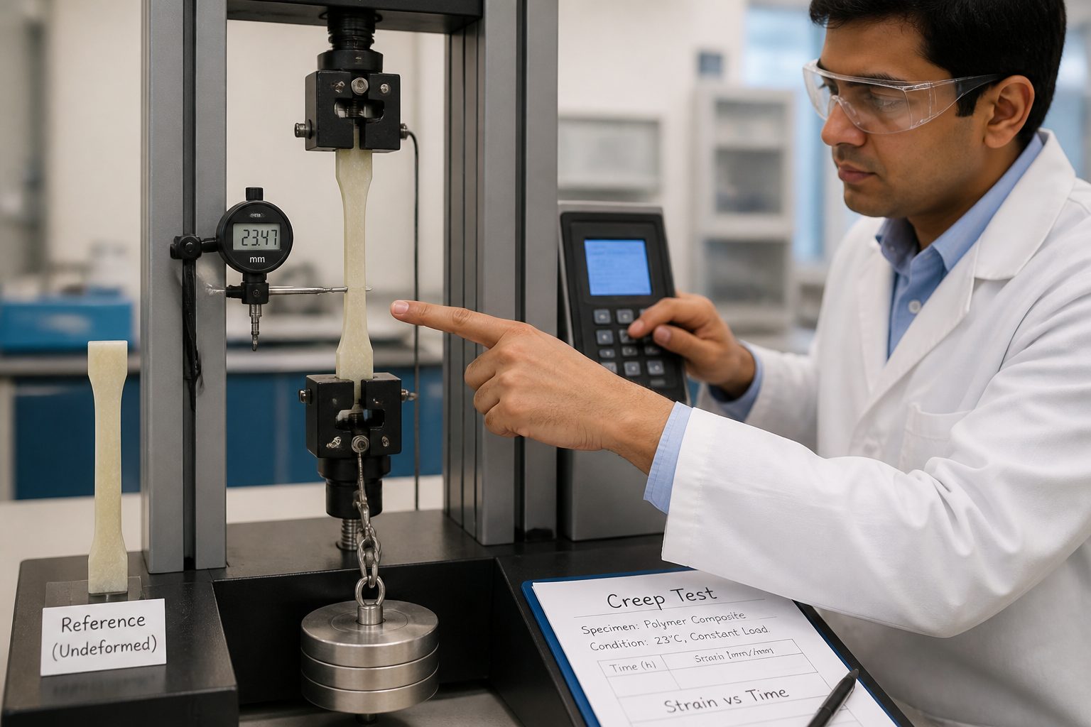 A materials engineer in a lab adjusts a creep testing machine while pointing at a polymer sample stretching under constant load.
