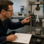 An engineer in a laboratory measures polymer creep by reading a displacement gauge on a loaded polymer sample and recording the results in a notebook.