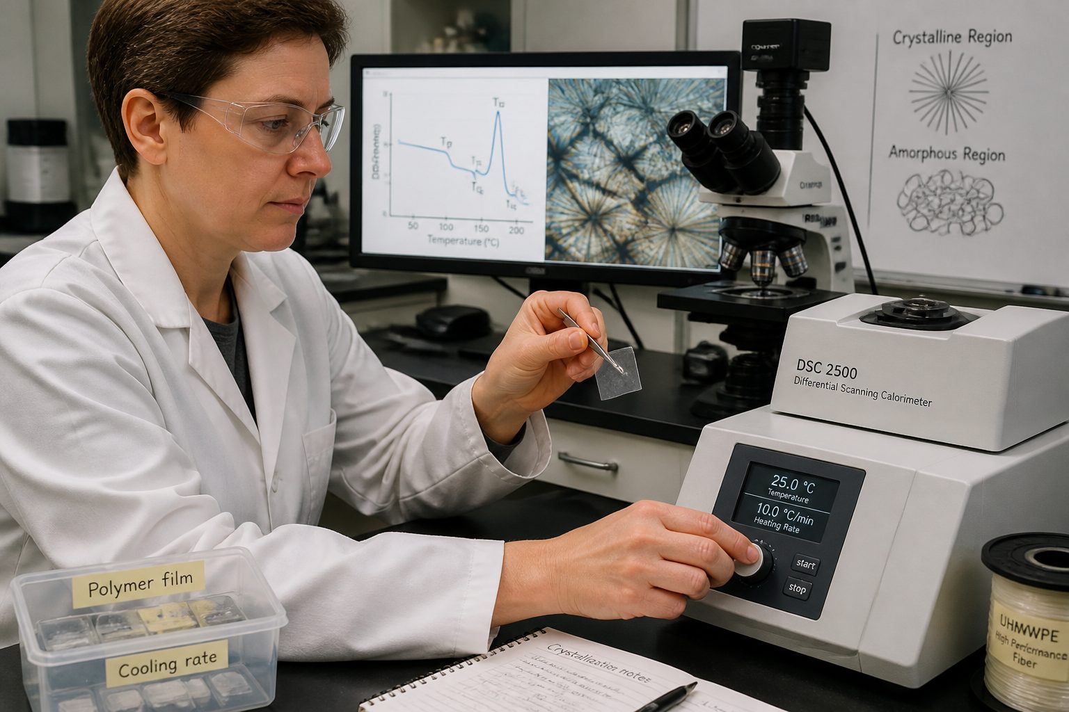 A lab scientist adjusts a thermal analysis instrument while holding a polymer film sample near a microscope to control polymer crystallization.