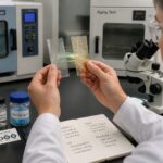 A polymer engineer in a lab compares an intact plastic sample with a cracked yellowed degraded sample beside UV and antioxidant additives.