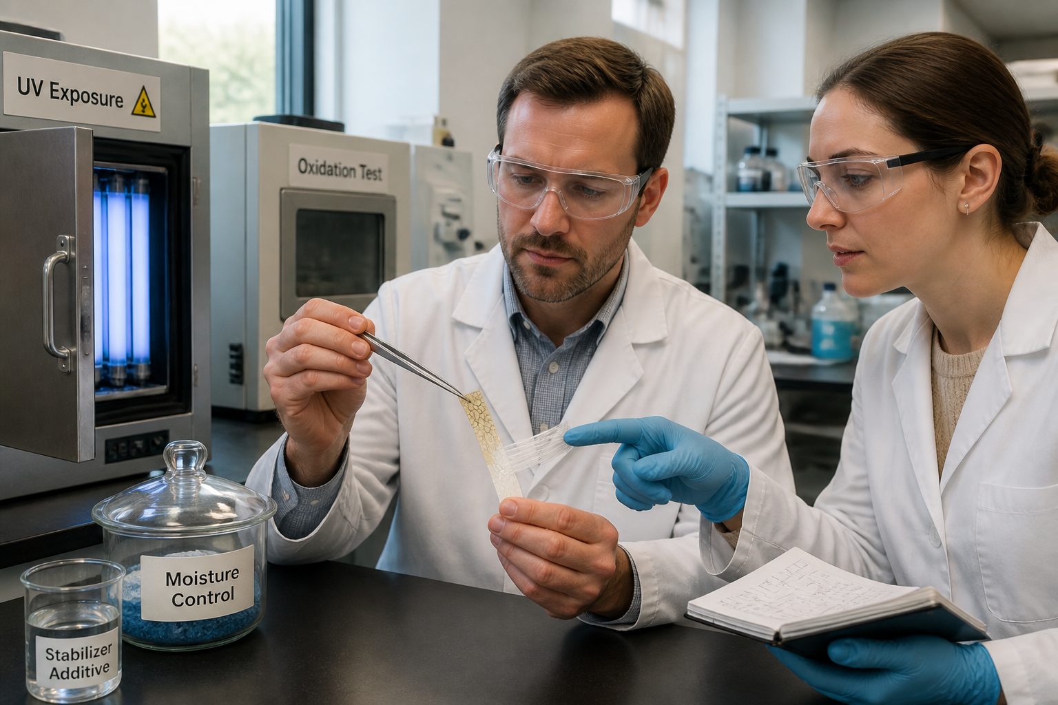 A man and a woman in a polymer lab compare a cracked yellowed polymer sample with an intact protected sample on a workbench.