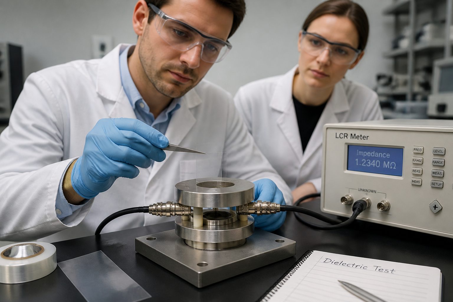 A lab engineer places a thin polymer film between metal electrodes connected to an LCR meter to test dielectric behavior.