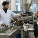 A professional engineer in a lab coat adjusts a polymer extruder while molten polymer is extruded through a die and wound onto a spool.