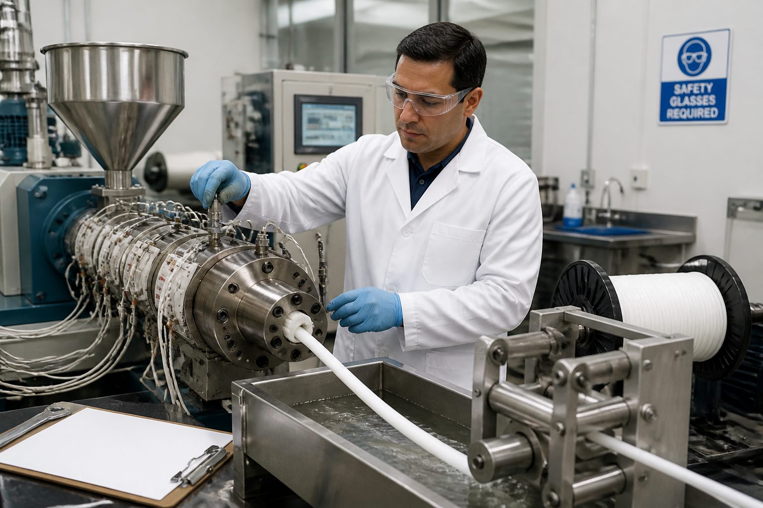 A male polymer engineer adjusts an extruder while a molten polymer strand exits the die and runs through a cooling trough toward a spool.