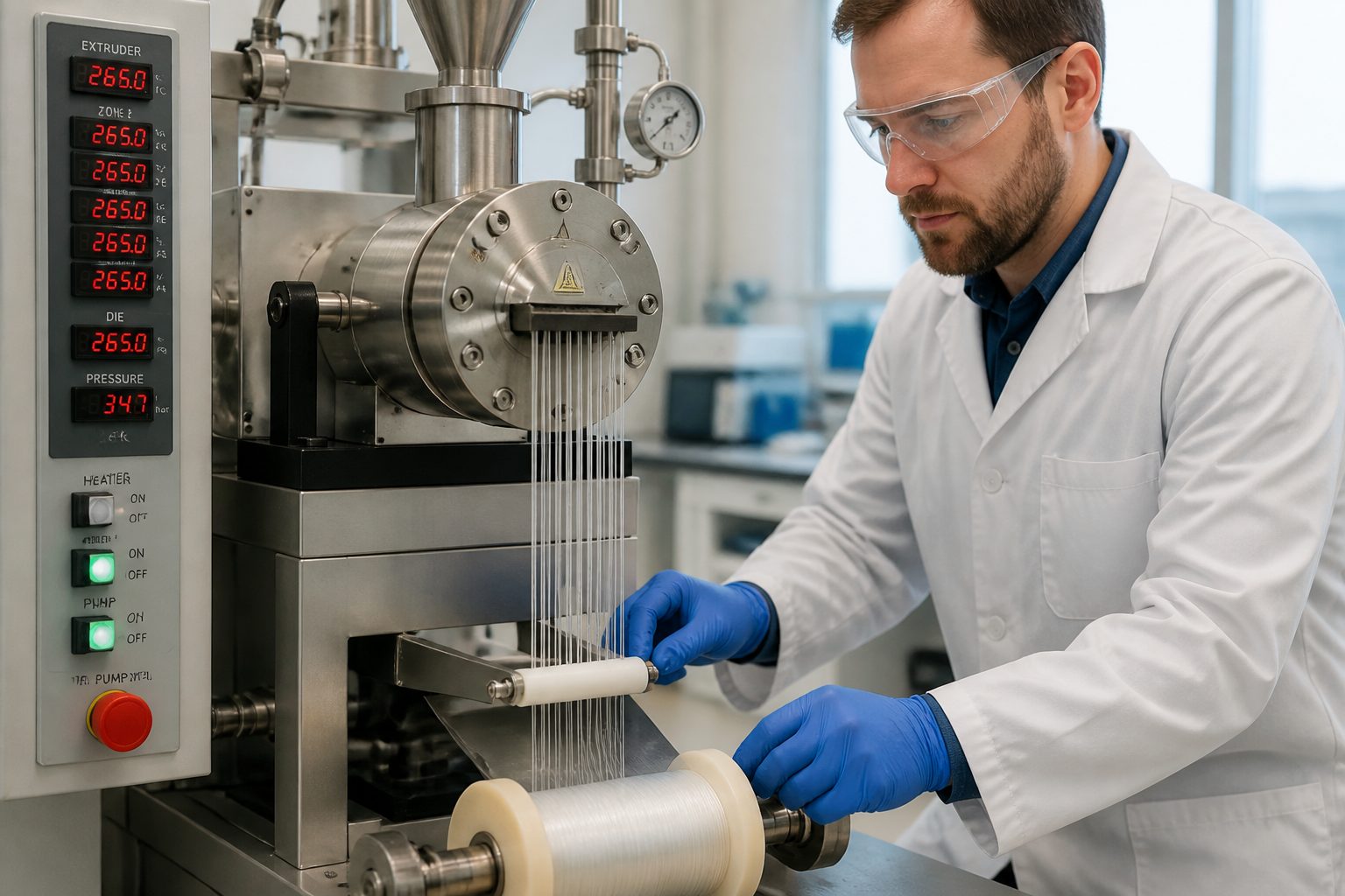 A lab engineer operates a polymer fiber spinning machine as thin filaments are drawn from a spinneret and wound onto a spool.