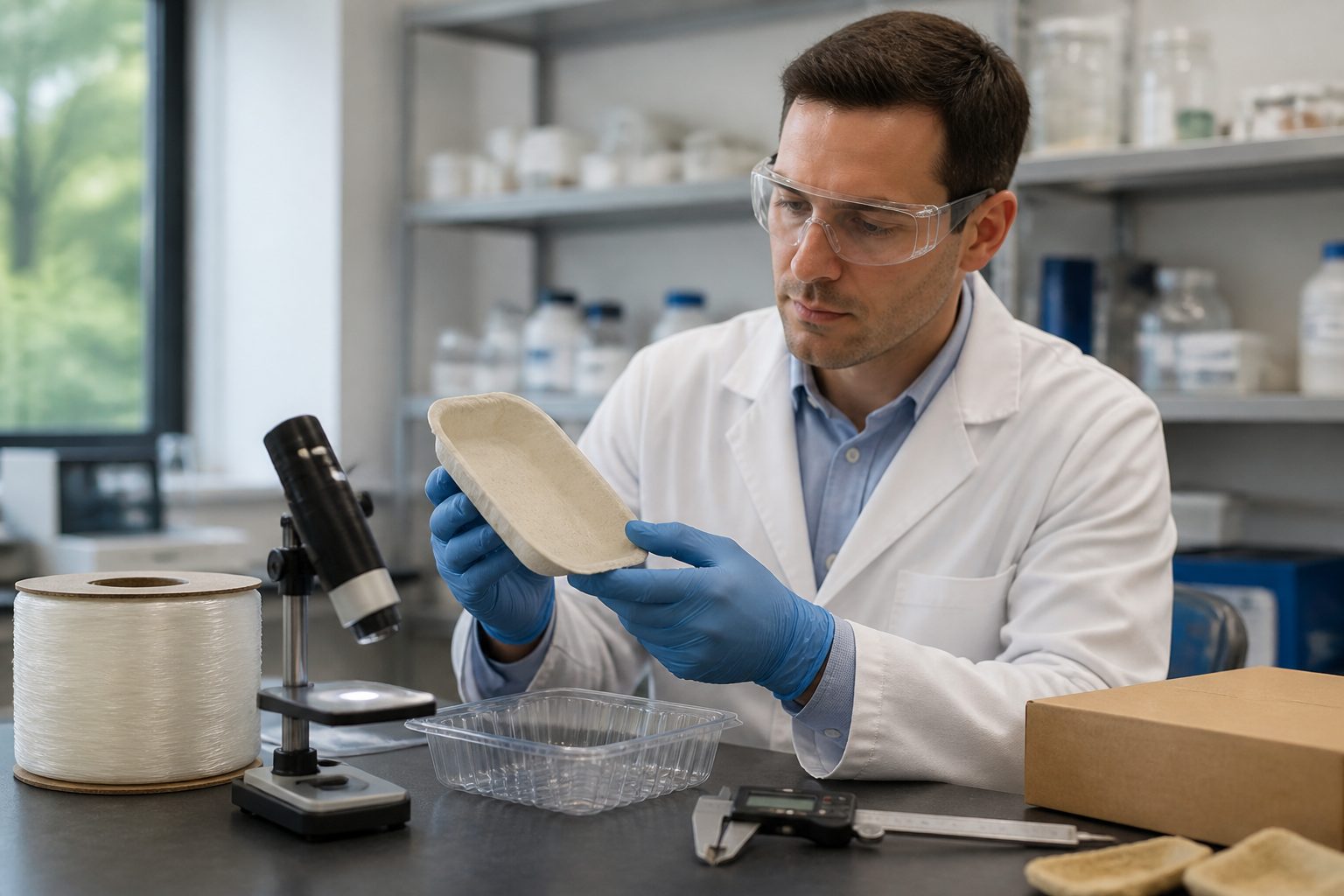 A lab engineer examines a polymer fiber based packaging sample beside conventional plastic packaging on a workbench.
