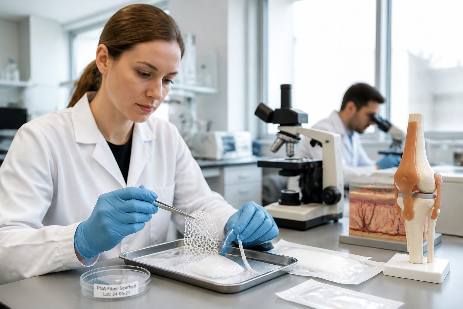 A woman biomedical engineer in a lab examines a polymer fiber textile mesh and suture sample beside a microscope.