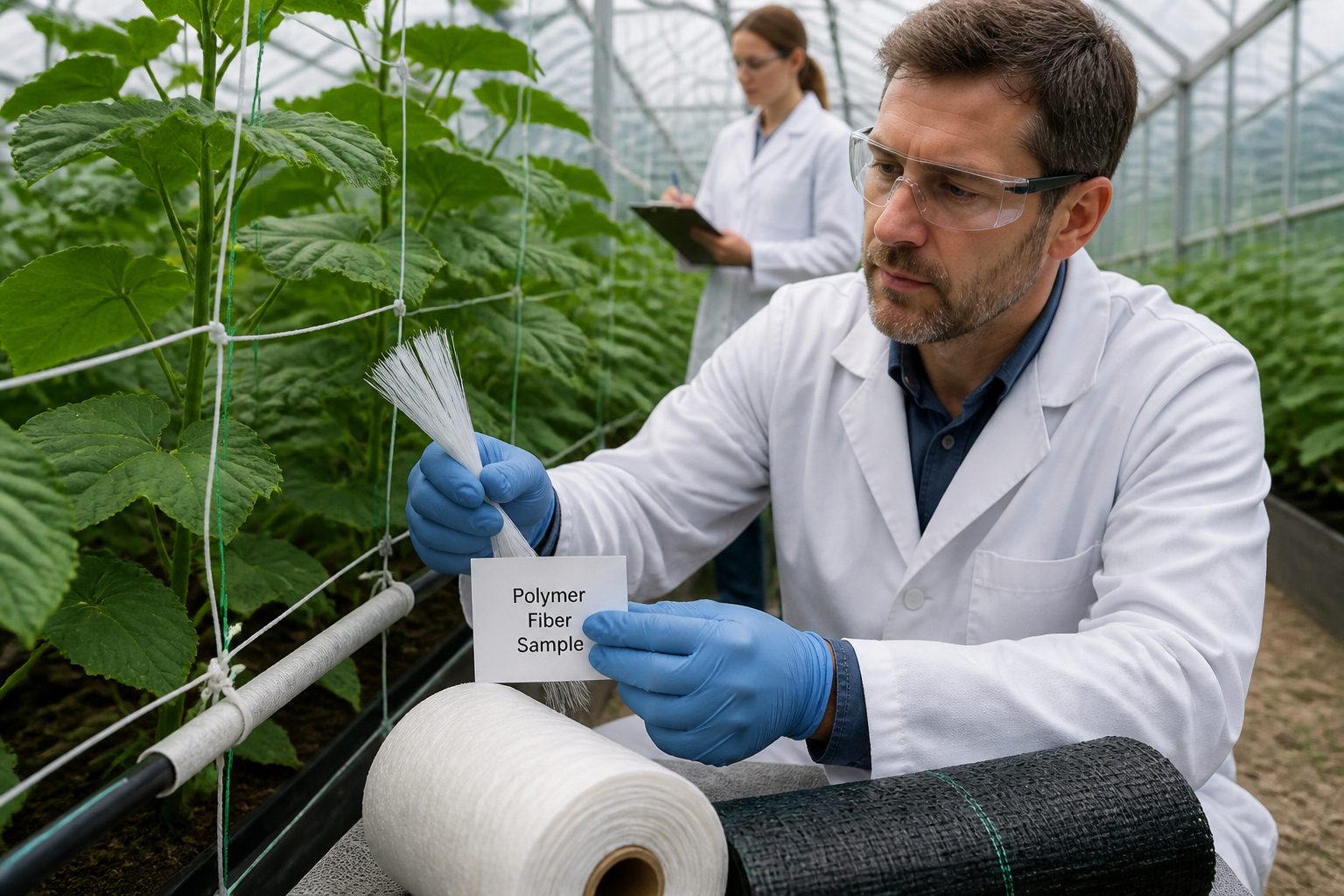 A scientist in a greenhouse examines polymer fiber mesh and irrigation materials next to growing crops.