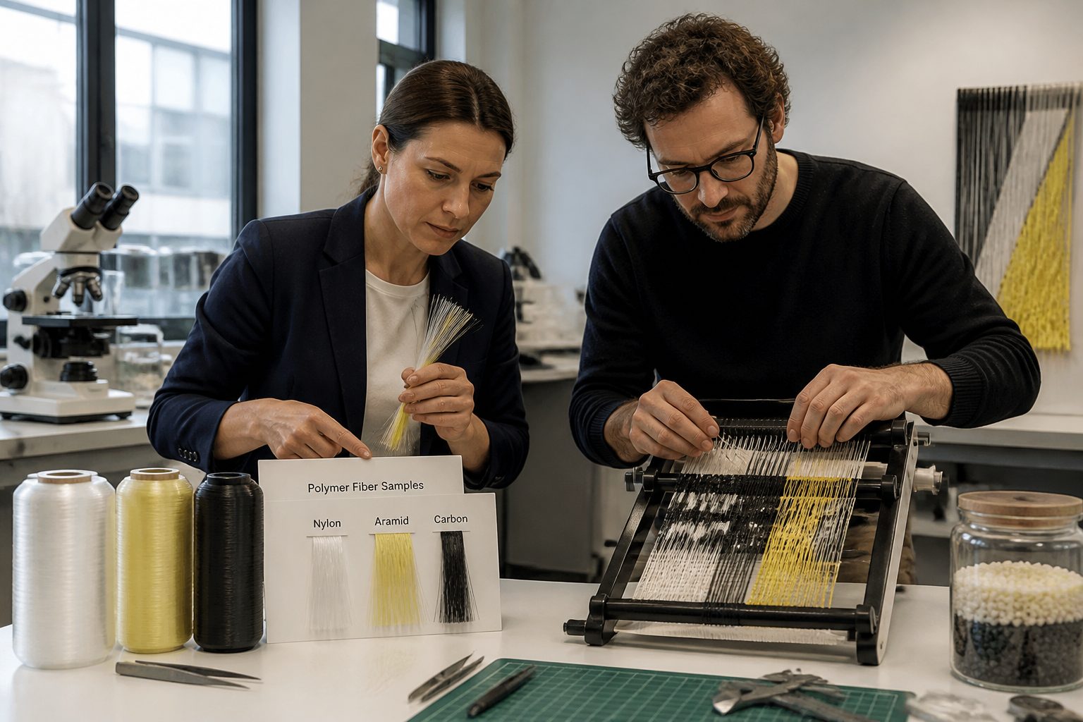 A woman engineer and a man artist examine colorful polymer fiber samples while weaving a small textile art piece in a lab studio.